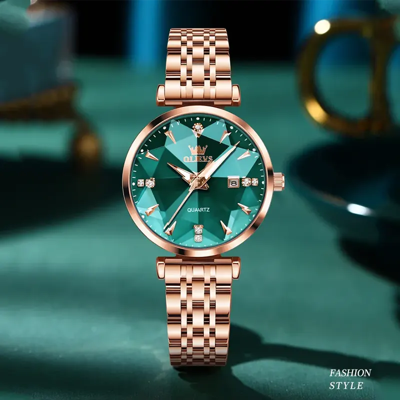 Olevs Luxury Green Diamond Dial Rose Gold Ladies Watch | 5536